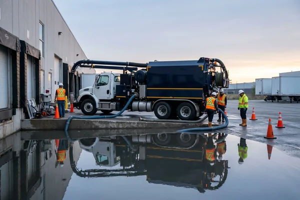 Flooded loading dock pumped out by the 6,000 gallon truck at dawn