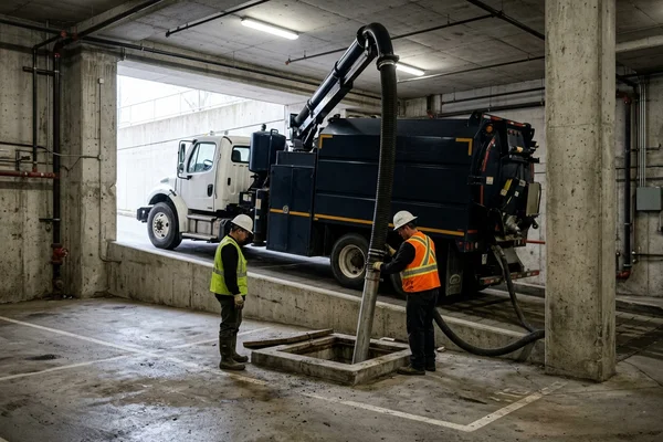 Hydrovac dig tube reaching into a confined parking garage vault downtown
