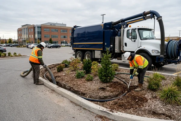 Irrigation line slot trench around a commercial lot island in Streetsville