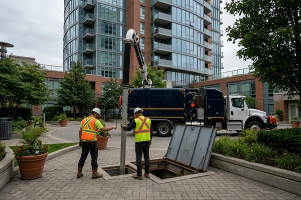 Hydro vault cleared for transformer access in a condo courtyard