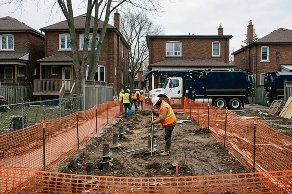 Helical pile holes along a rear addition in Bloor West Village