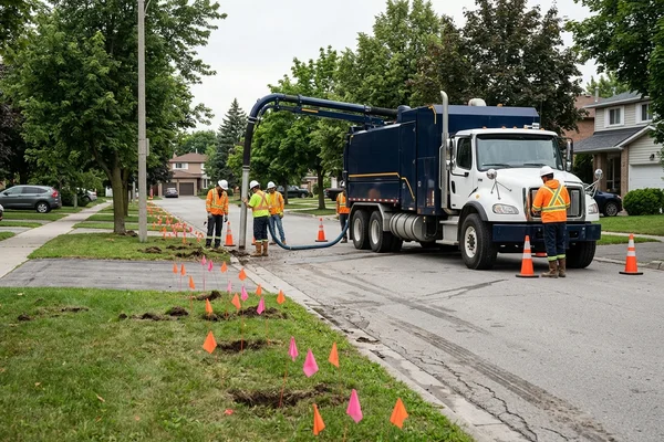 Daylighting holes flagged along an HDD bore path on a Markham boulevard