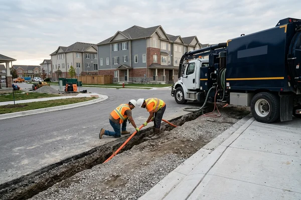 Slot trench across a Cornell subdivision boulevard with conduit going in