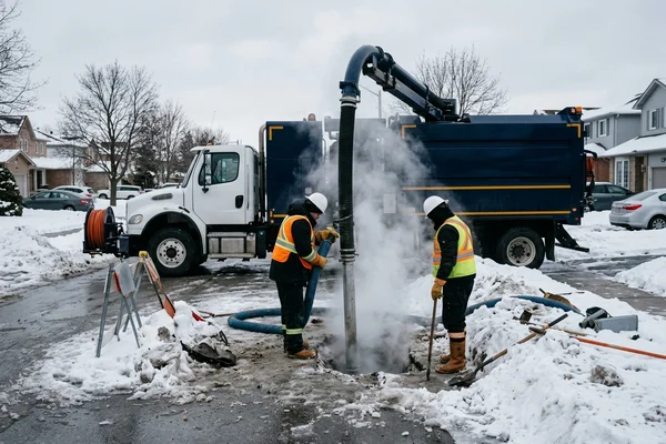 Heated hydrovac excavation in frozen winter ground with steam rising