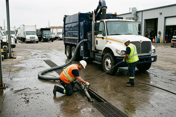 Wash bay trench drain cleanout at a Rexdale fleet yard