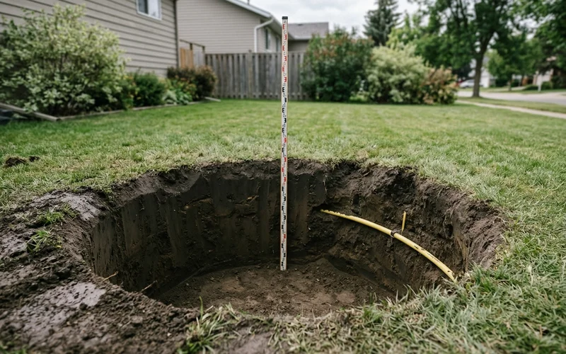 Plumb hydrovac pile hole with a gas service exposed on one side and a measuring pole