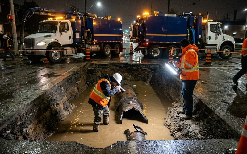 Crew photographing an exposed water main break under a work light for the claim file