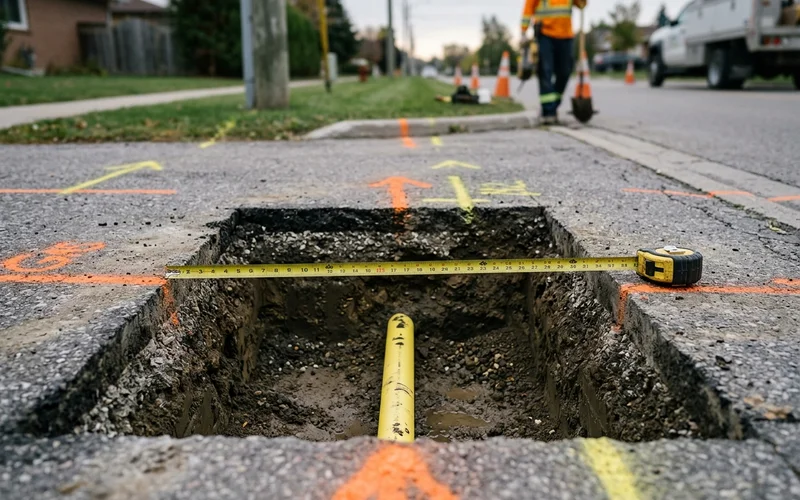 Exposed gas main in a hydrovac test hole with tape measure and locate paint marks