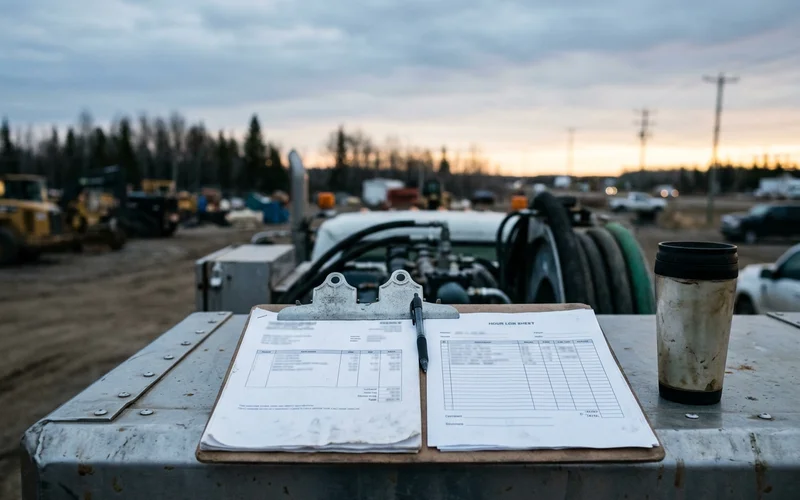 Itemised emergency invoice and time-stamped hour log on a clipboard at dawn