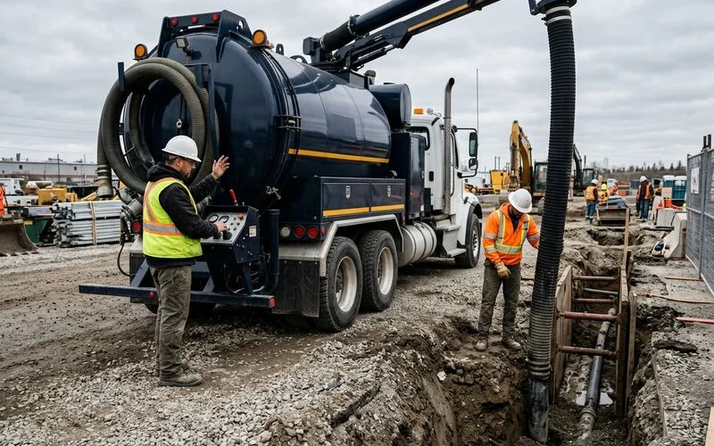 Operator at the rear controls while a contractor guides the dig tube into a trench