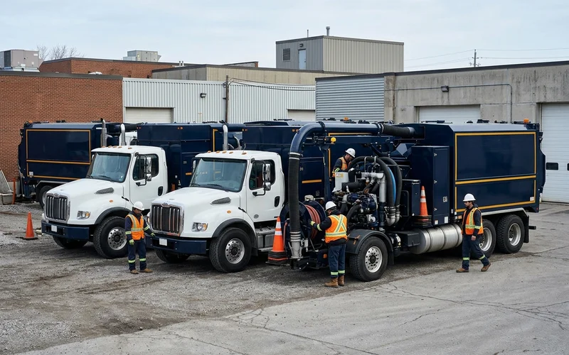 Three hydrovac trucks lined up in a Toronto truck yard with crew doing morning checks