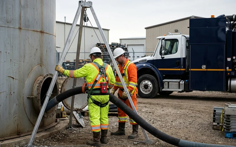 Crew in confined space gear monitoring a vacuum hose entering an industrial tank hatch