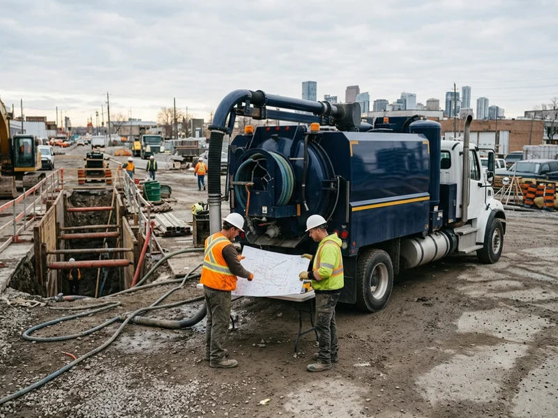 Two crew members reviewing a locate map beside a hydrovac truck boom at a Toronto site