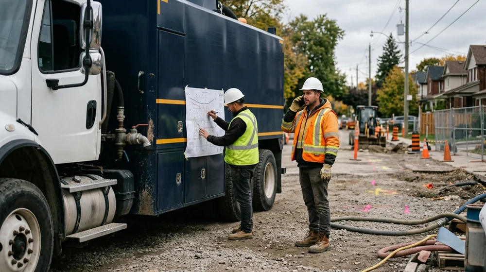 Crew lead on the phone beside a hydrovac truck while a partner checks a locate map