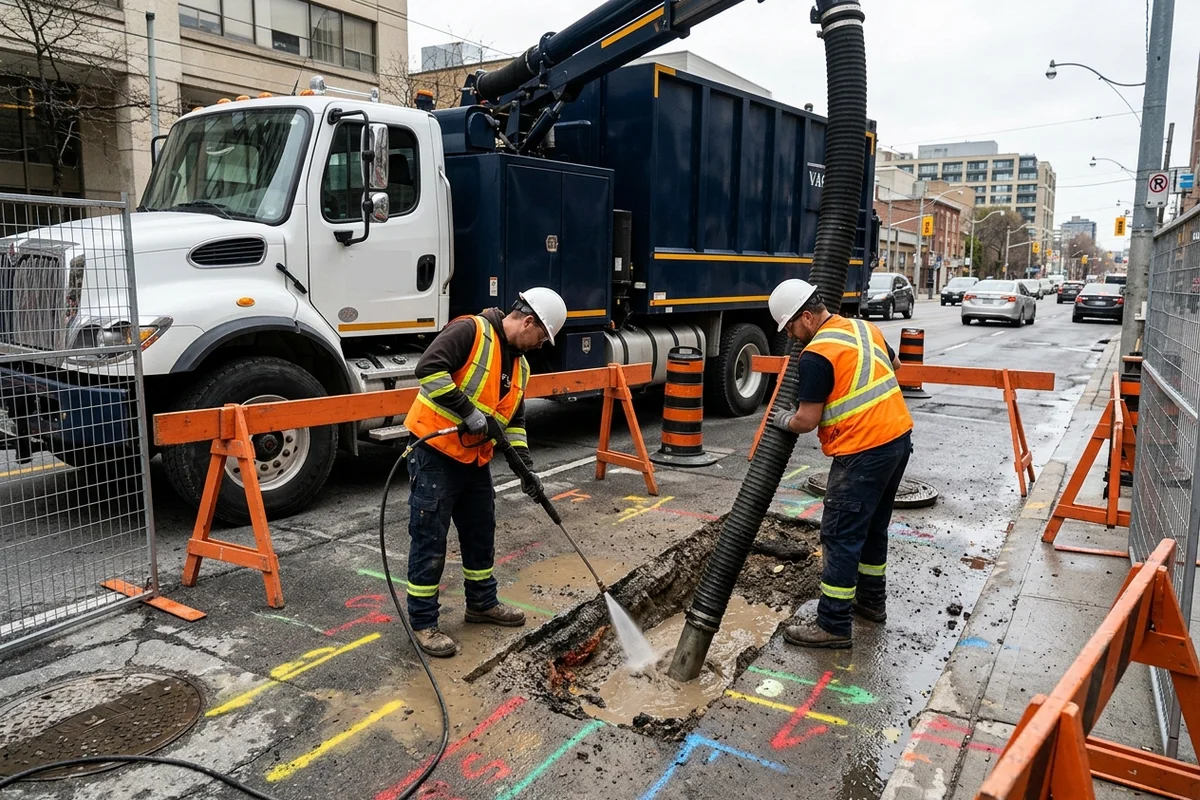 Two-person Metro Hydrovac Toronto crew potholing a utility crossing with a pressure wand and vacuum hose beside a hydrovac truck on a Toronto street