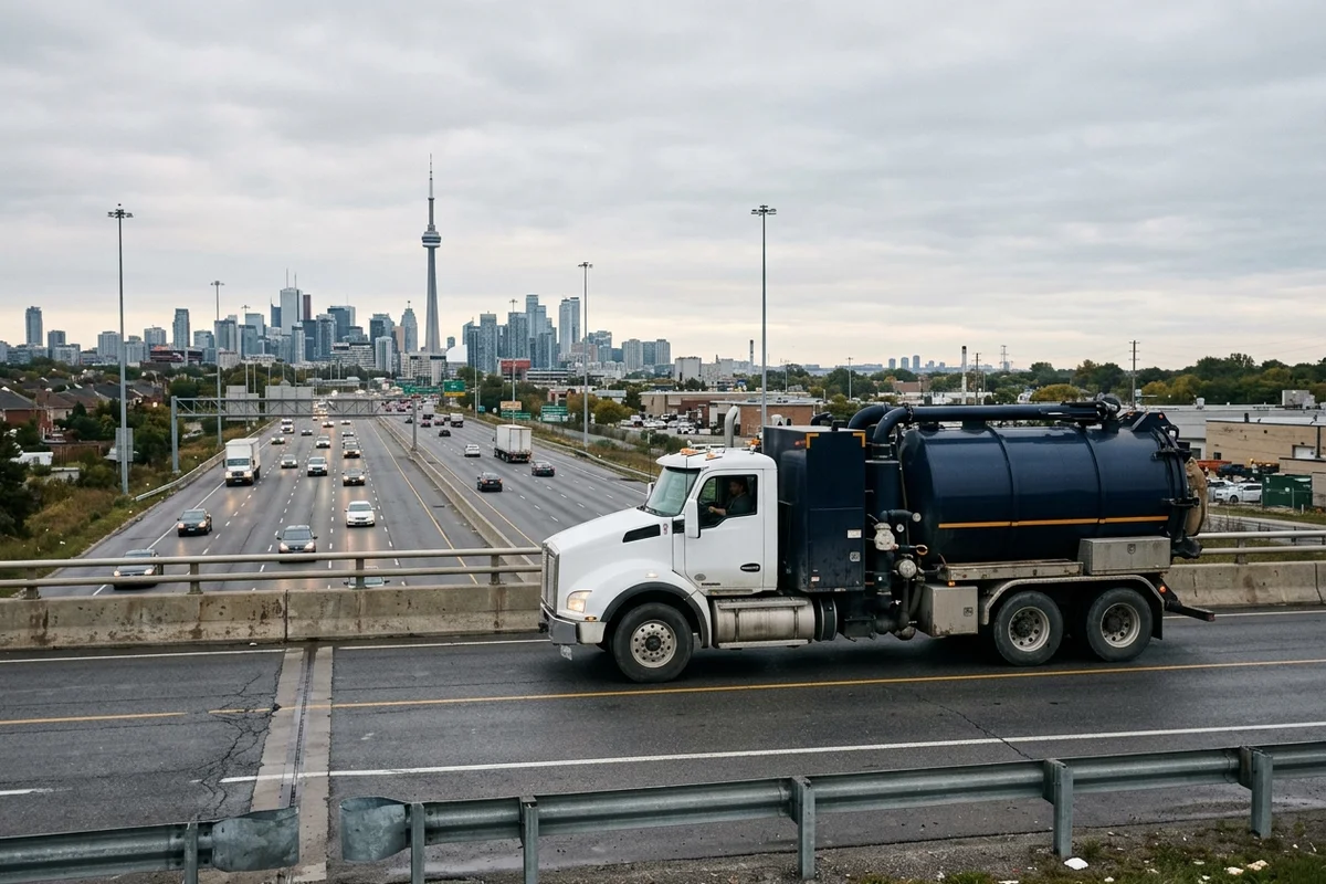 Hydrovac truck on a GTA highway overpass with the Toronto skyline in the distance
