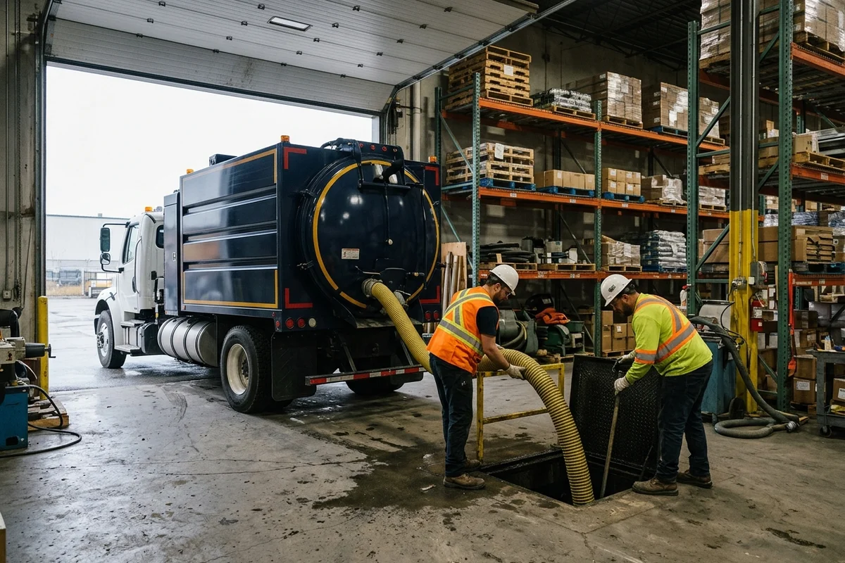 Metro Hydrovac Toronto vacuum truck crew of two cleaning an industrial sump at a Toronto warehouse