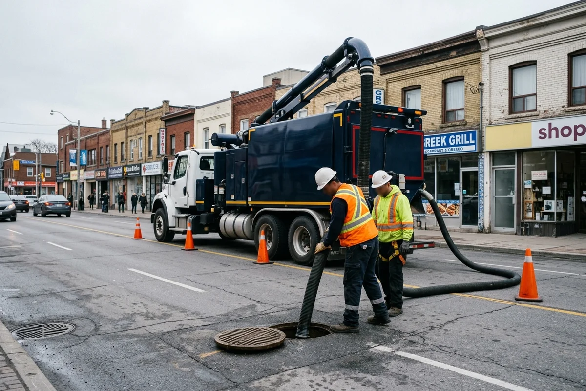 Crew of two vacuuming a municipal catch basin on Danforth Ave in Toronto beside a vacuum truck