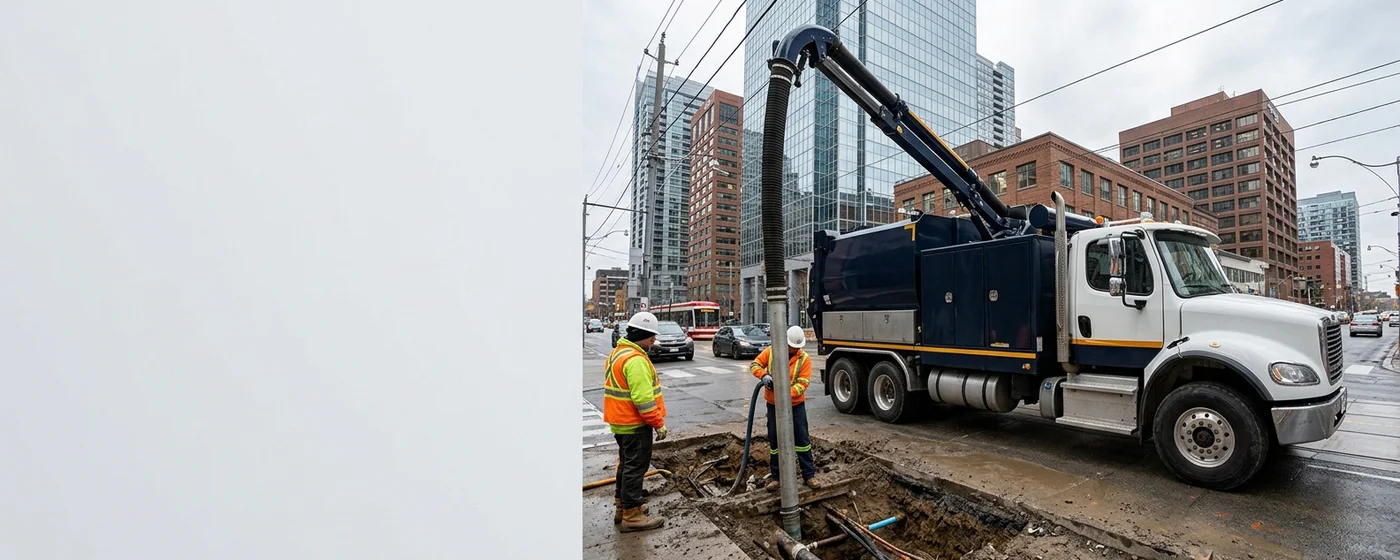 Metro Hydrovac Toronto truck with boom extended exposing utilities on a downtown Toronto street, two crew members working